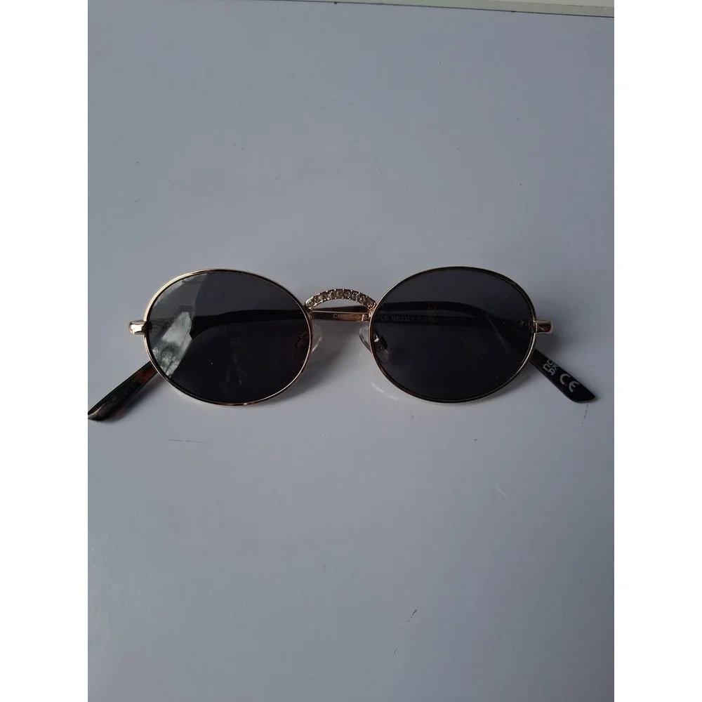 Foster Grant Rose Gold Oval Sunglasses Rhinestone Bridge NS0323 Dark Tint Lenses